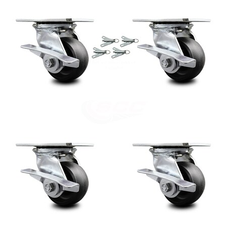 Service Caster 4 Inch Glass Filled Nylon Caster Set with Ball Bearings and Brakes/Swivel Locks SCC-35S420-GFNB-SLB-BSL-4